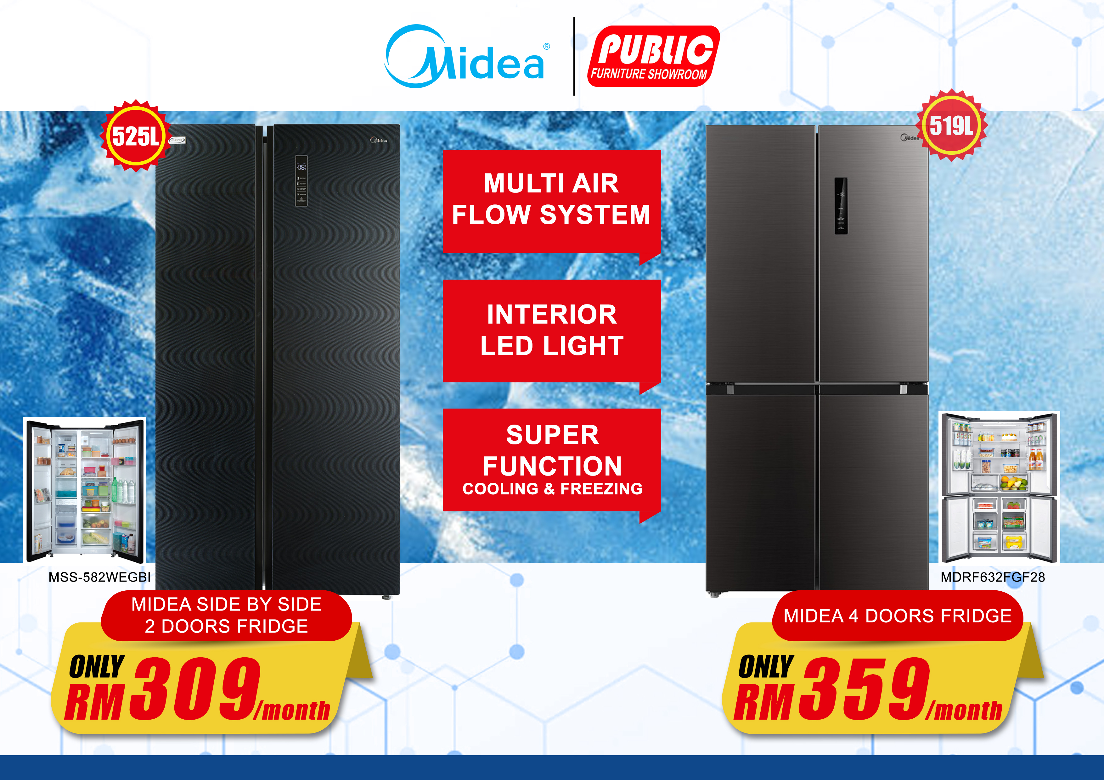 MIDEA SIDE BY SIDE FRIDGE / MIDEA 4 DOOR FRIDGE